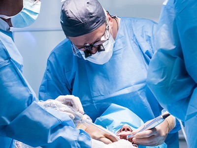 A team of dentists performing a dental implant surgery